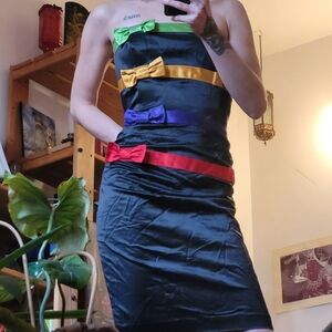 Escada Vintage Strapless Colorful Stripes With Bows Satin Dress - Size 36